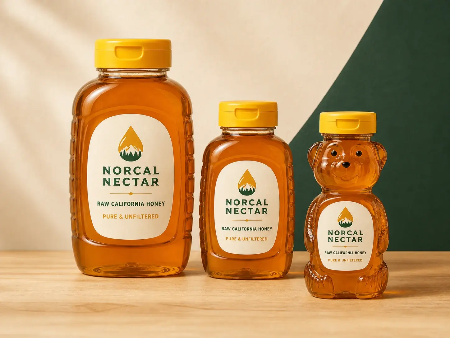 Three sizes of NorCal Nectar raw honey with yellow flip-top caps arranged on a light wood surface