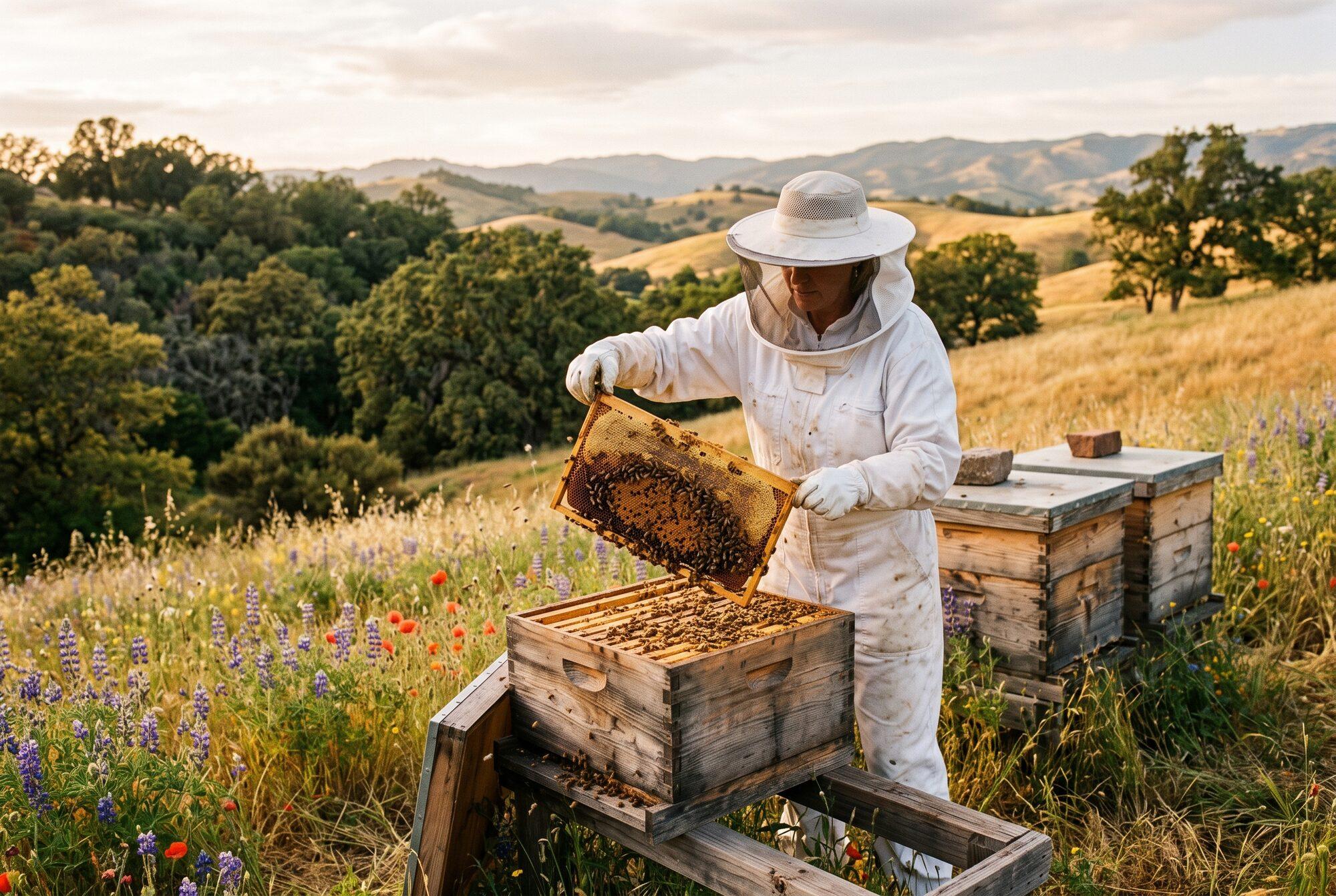 Beekeeper working in the field at a Northern California apiary