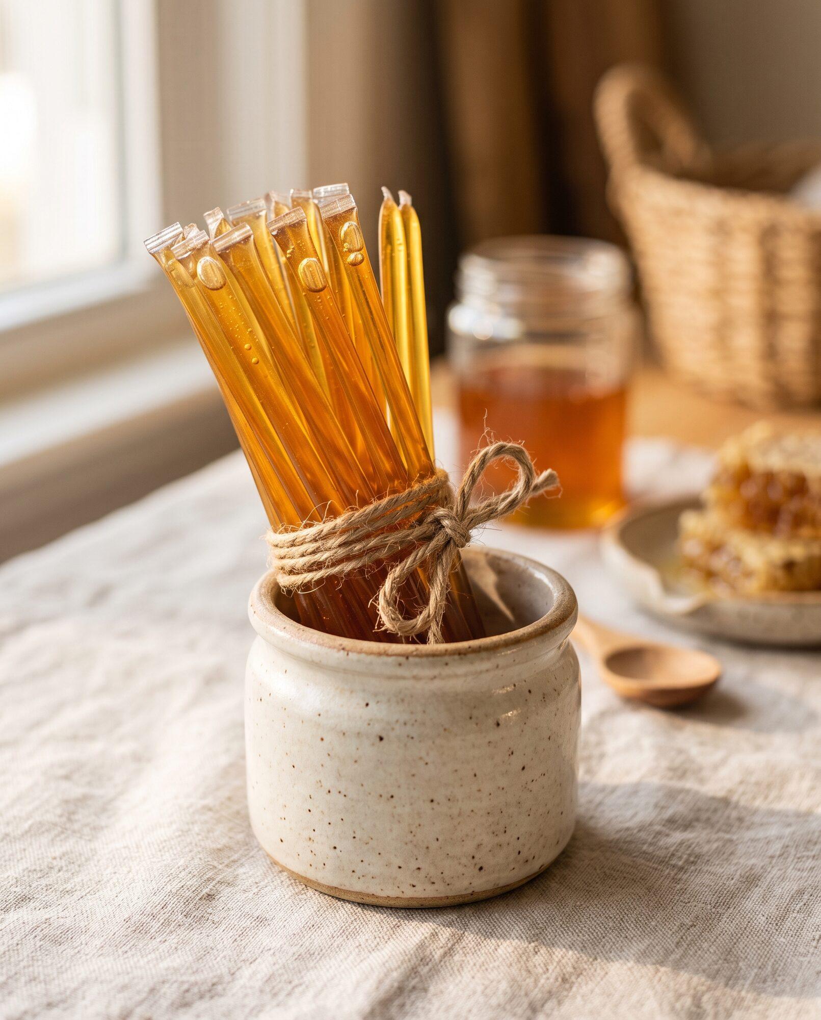 A bundle of honey sticks tied with twine in a ceramic crock