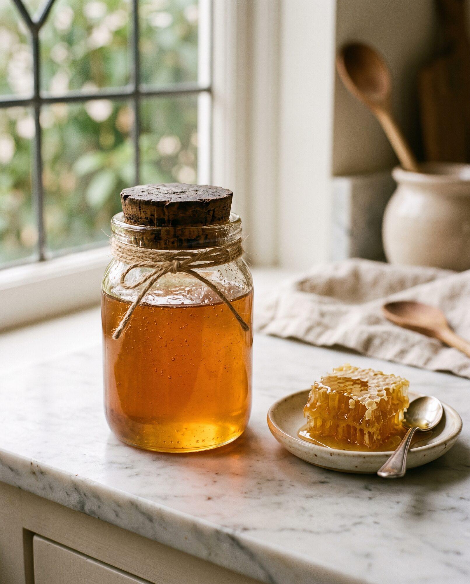 A jar of golden raw honey on a marble counter beside a dish of honeycomb