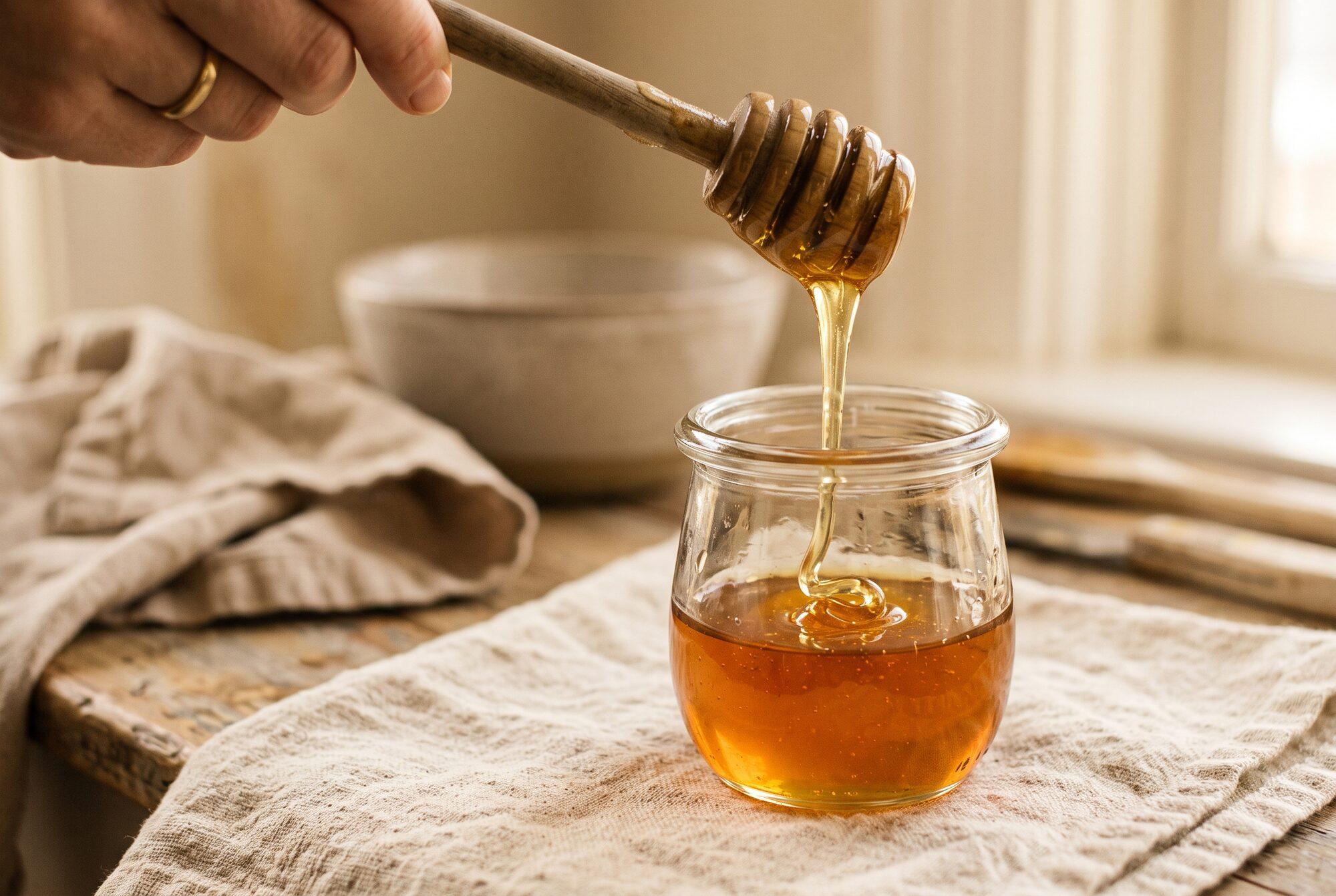 Raw honey being poured from a wooden dipper into a glass jar