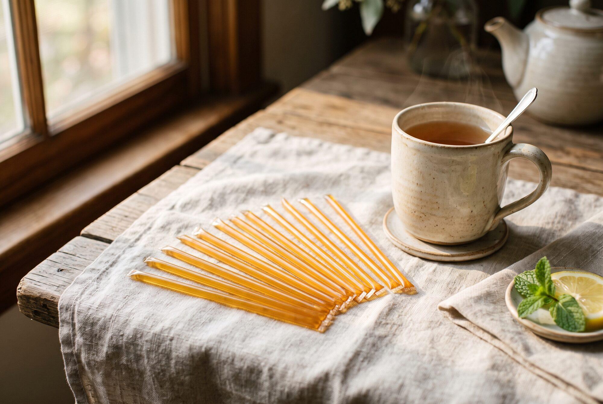 Honey sticks with raw honey, styled lifestyle shot