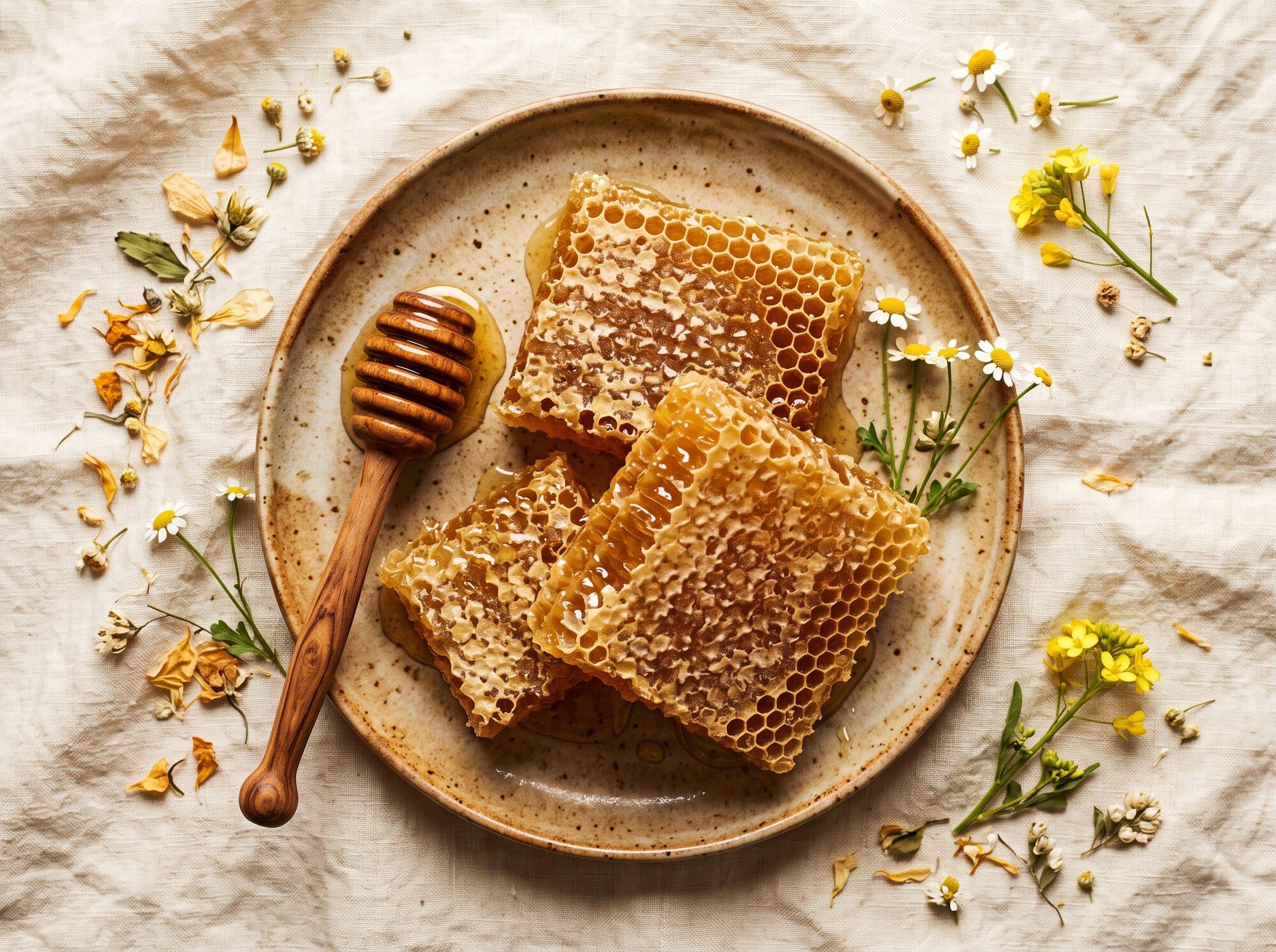 Honeycomb pieces styled in a flat lay