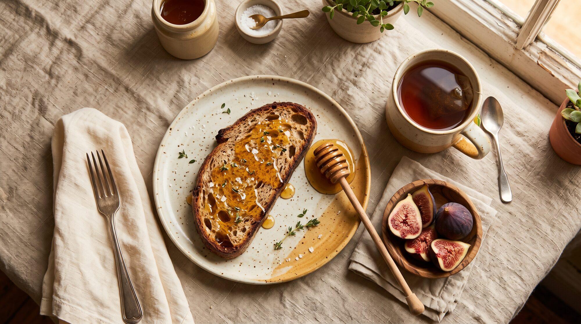 Sourdough toast drizzled with honey beside a mug of tea and fresh figs