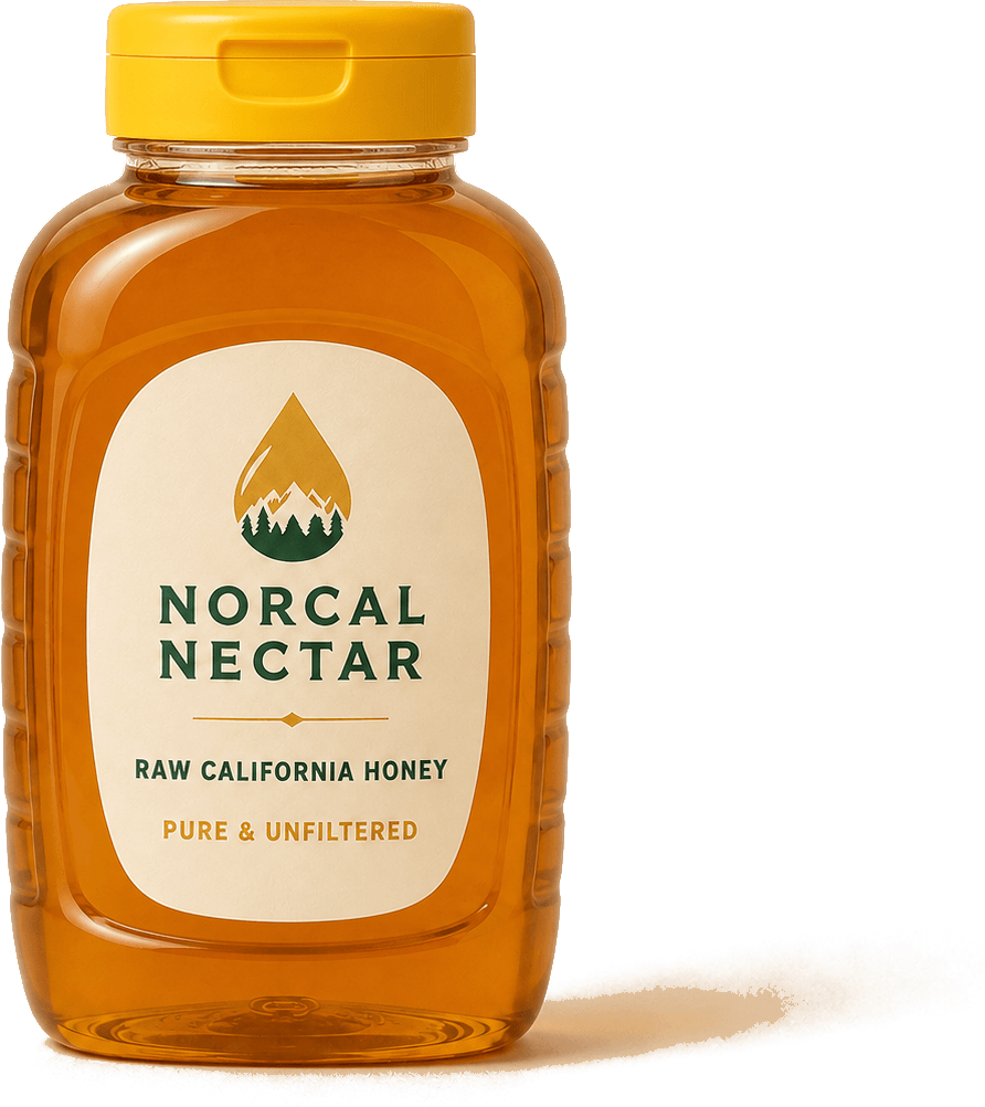 24 oz NorCal Nectar raw honey squeeze bottle with a yellow flip-top cap