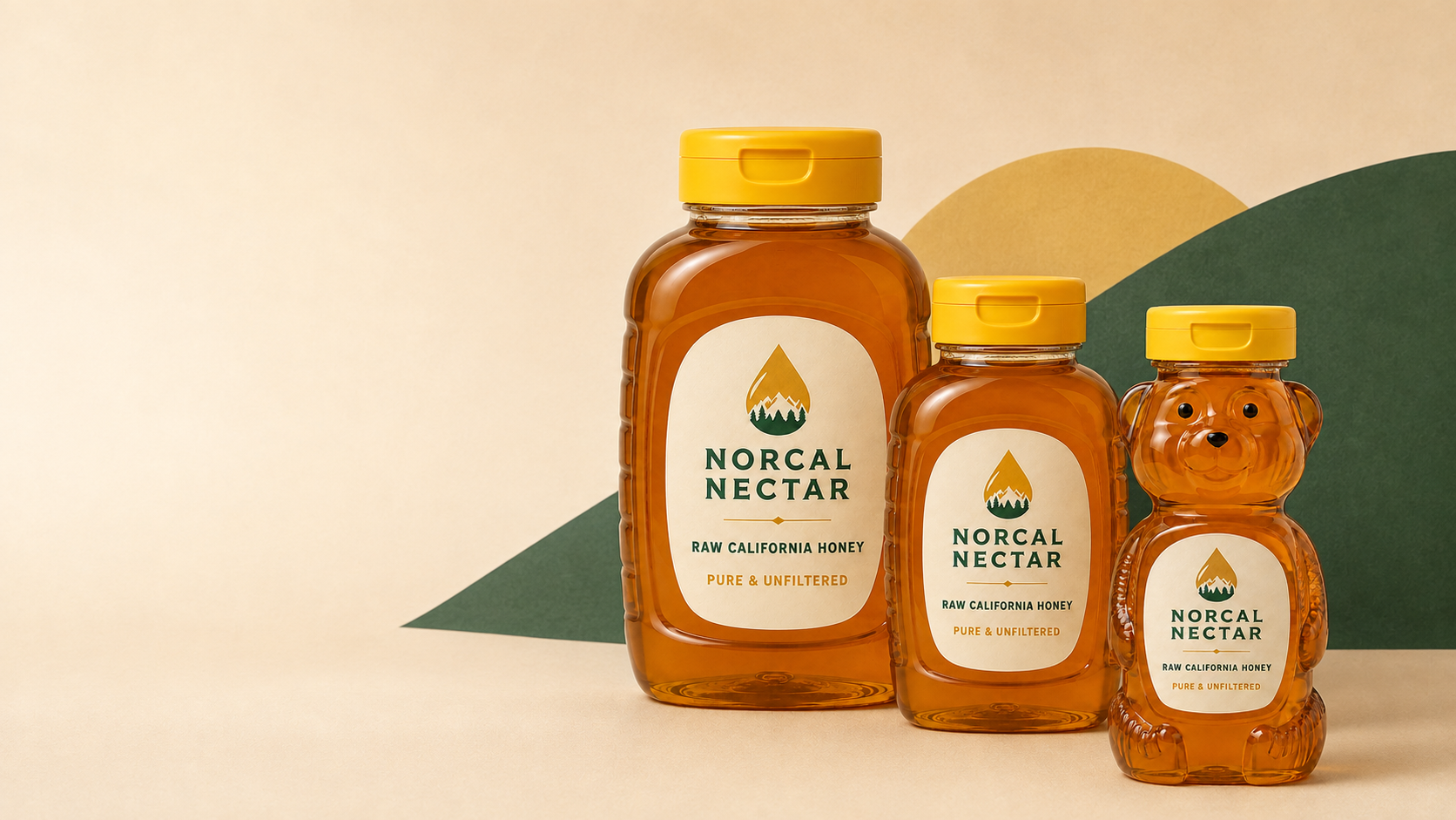 NorCal Nectar raw California honey in three sizes — 24 oz and 16 oz squeeze bottles and a honey bear, each with a yellow flip-top cap