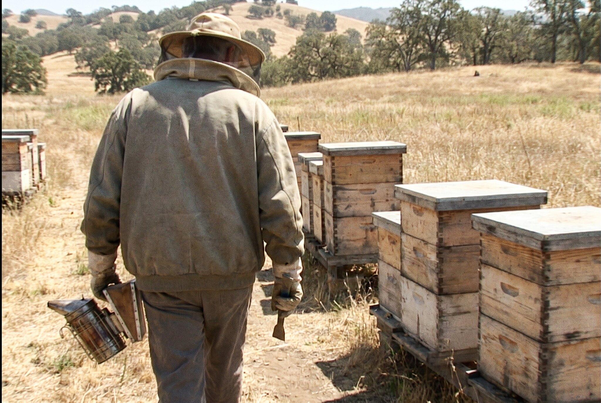 A beekeeper carrying a smoker and hive tool through a Northern California apiary