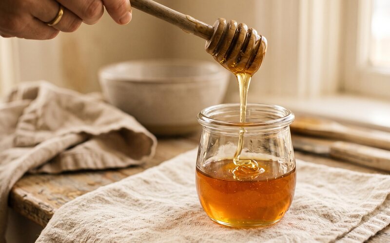 Raw wildflower honey falling from a wooden dipper into a glass jar before being stirred into tea