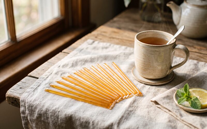 Raw honey sticks arranged beside a steaming mug of tea with lemon and mint