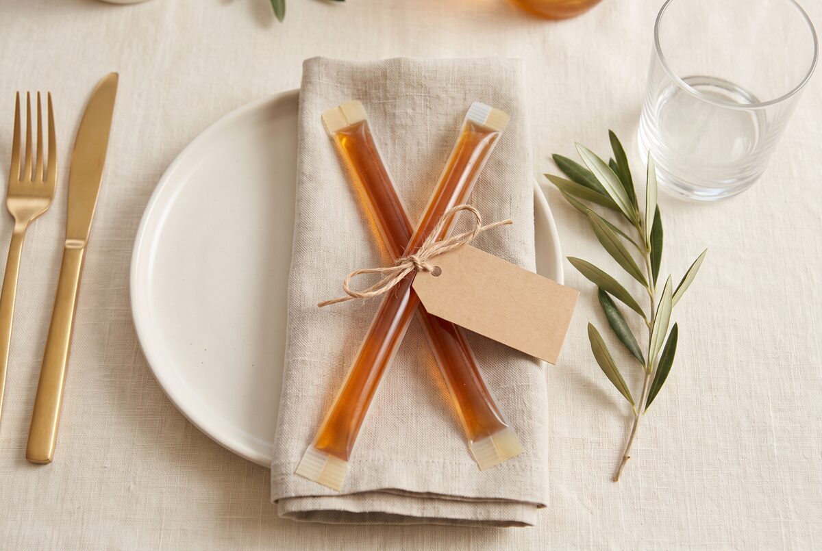 Overhead wedding place setting on cream linen with two honey sticks crossed on a folded oatmeal napkin, both ends heat-sealed flat, tied to a blank kraft tag with twine beside brushed gold flatware and an olive sprig