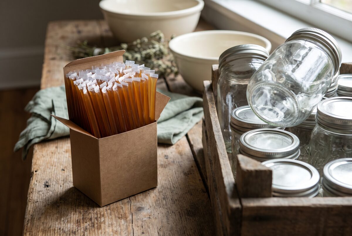 Rustic wooden bench holding a small kraft box packed with hundreds of honey sticks beside a heavy wooden crate of empty glass jars, showing the difference in bulk